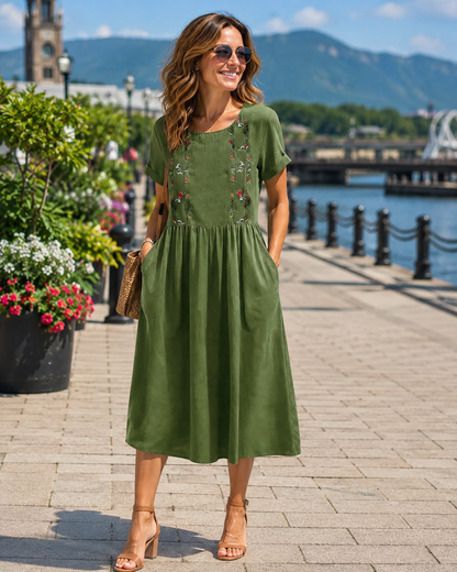 Robe midi Femme Broderie Poches Coupe Aline - PanierRoyale