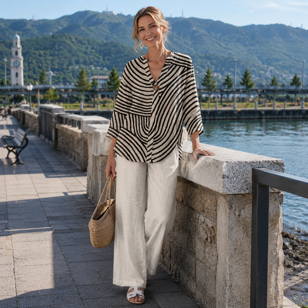 Ensemble Femme Deux Pièces Coton Pantalon Large Fluide