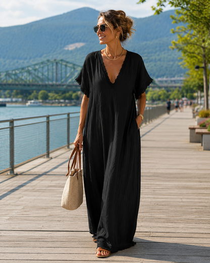 Robe longue Femme Fluide Col en V Finitions Dentelle