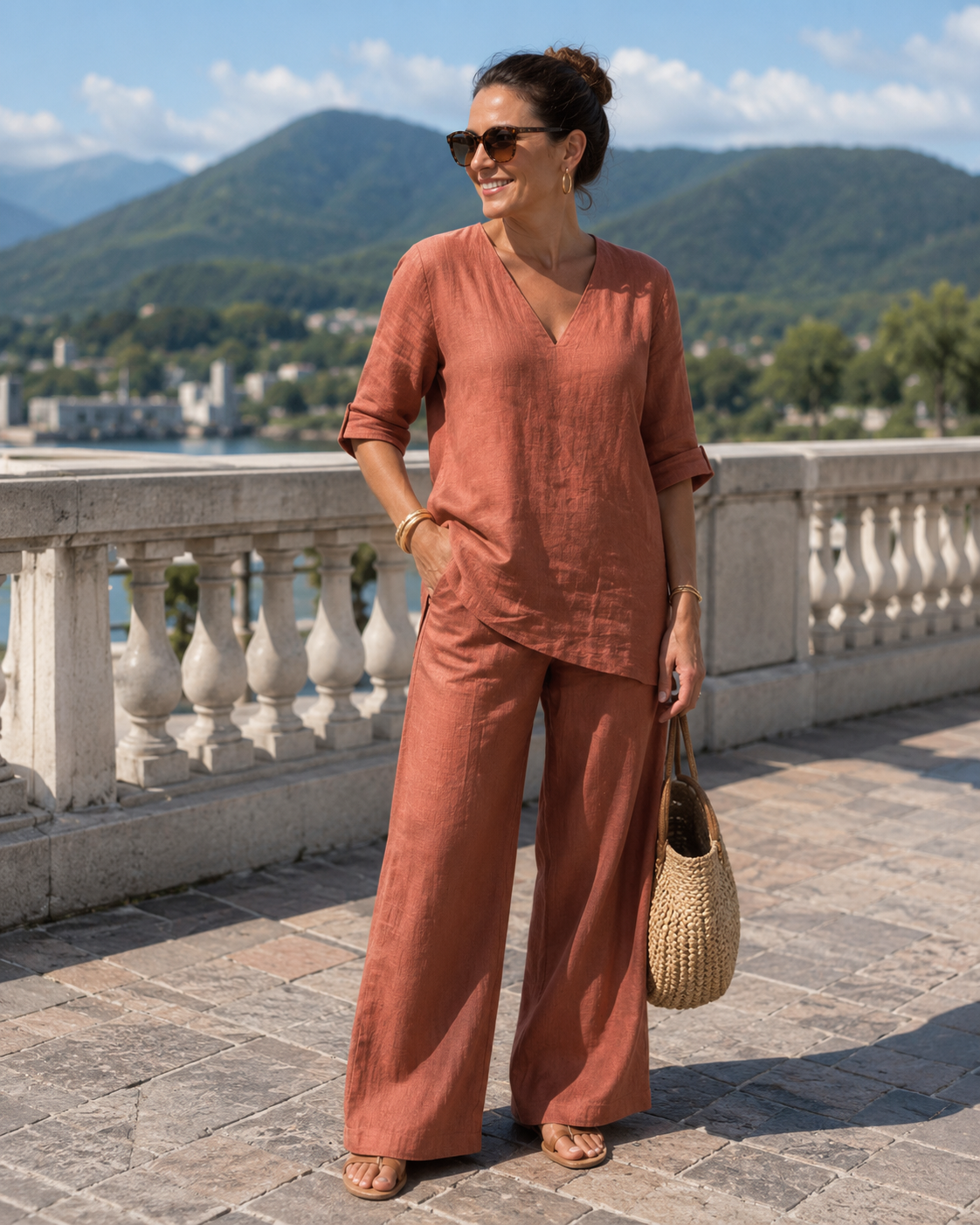 Ensemble Femme Coton et Lin Haut Col V Pantalon Ample - PanierRoyale