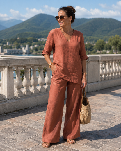 Ensemble Femme Coton et Lin Haut Col V Pantalon Ample - PanierRoyale