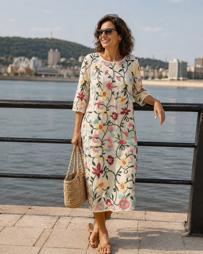 Robe midi Femme Broderie Florale Coupe Fluide