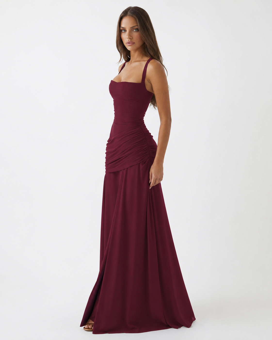 Robe maxi Femme Col Carré Froncée Laçage Dos