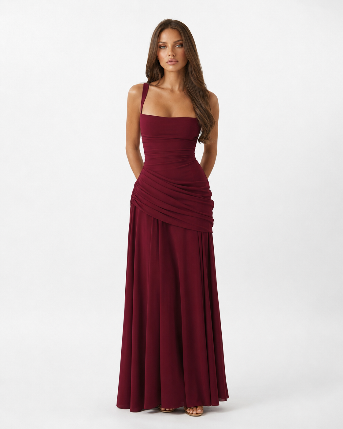 Robe maxi Femme Col Carré Froncée Laçage Dos