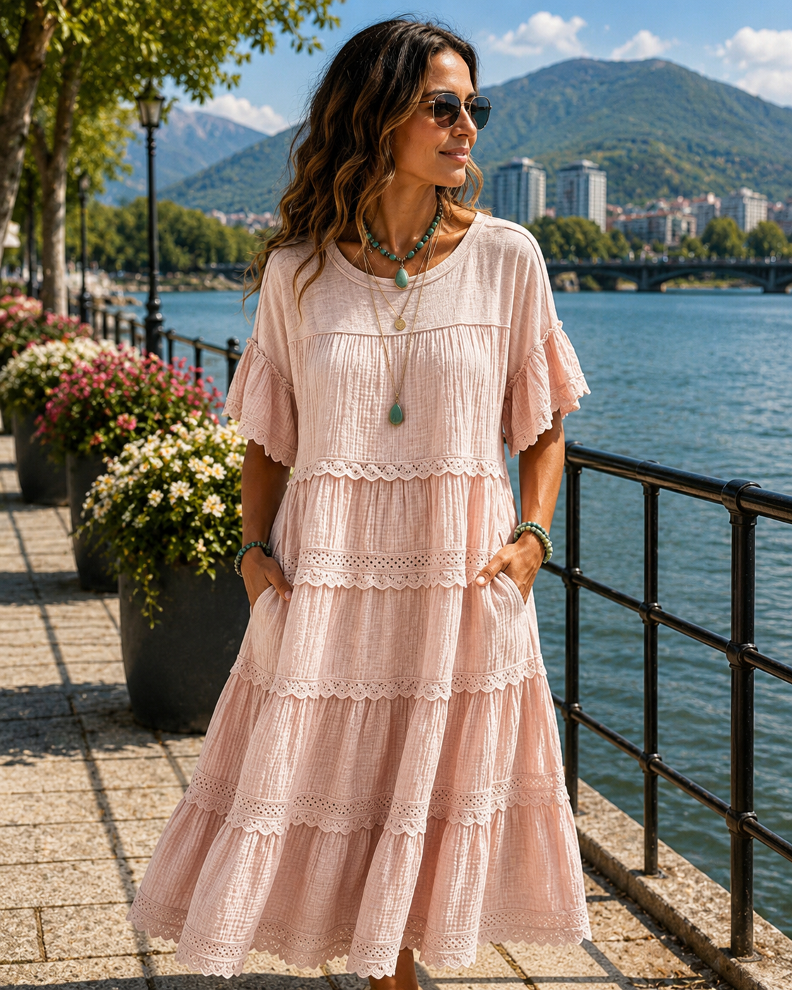 Robe midi Femme Coton Lin Volants Délicats