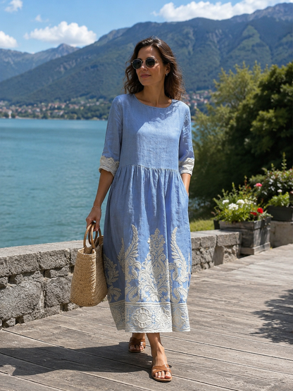 Robe midi Femme Broderies Florales Dentelle Manches Longues - PanierRoyale