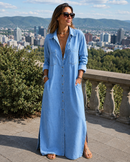 Robe chemise Femme Denim léger Boutons Longue