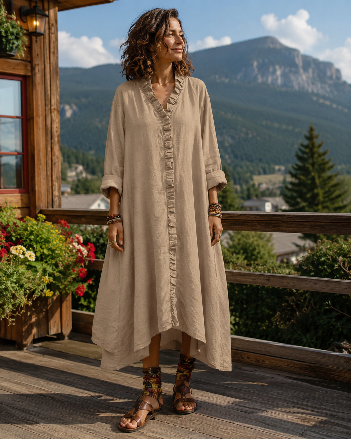 Robe longue Femme Fluide Volants Col en V - PanierRoyale