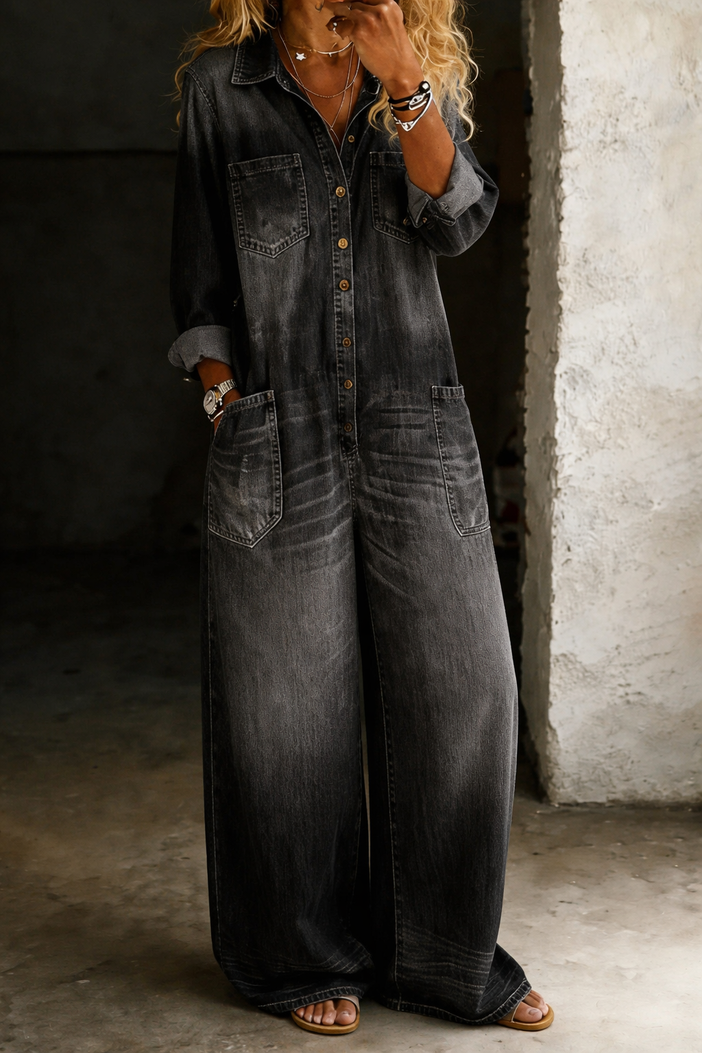 Combinaison Femme Denim Boutonnée Coupe Ample Décontractée