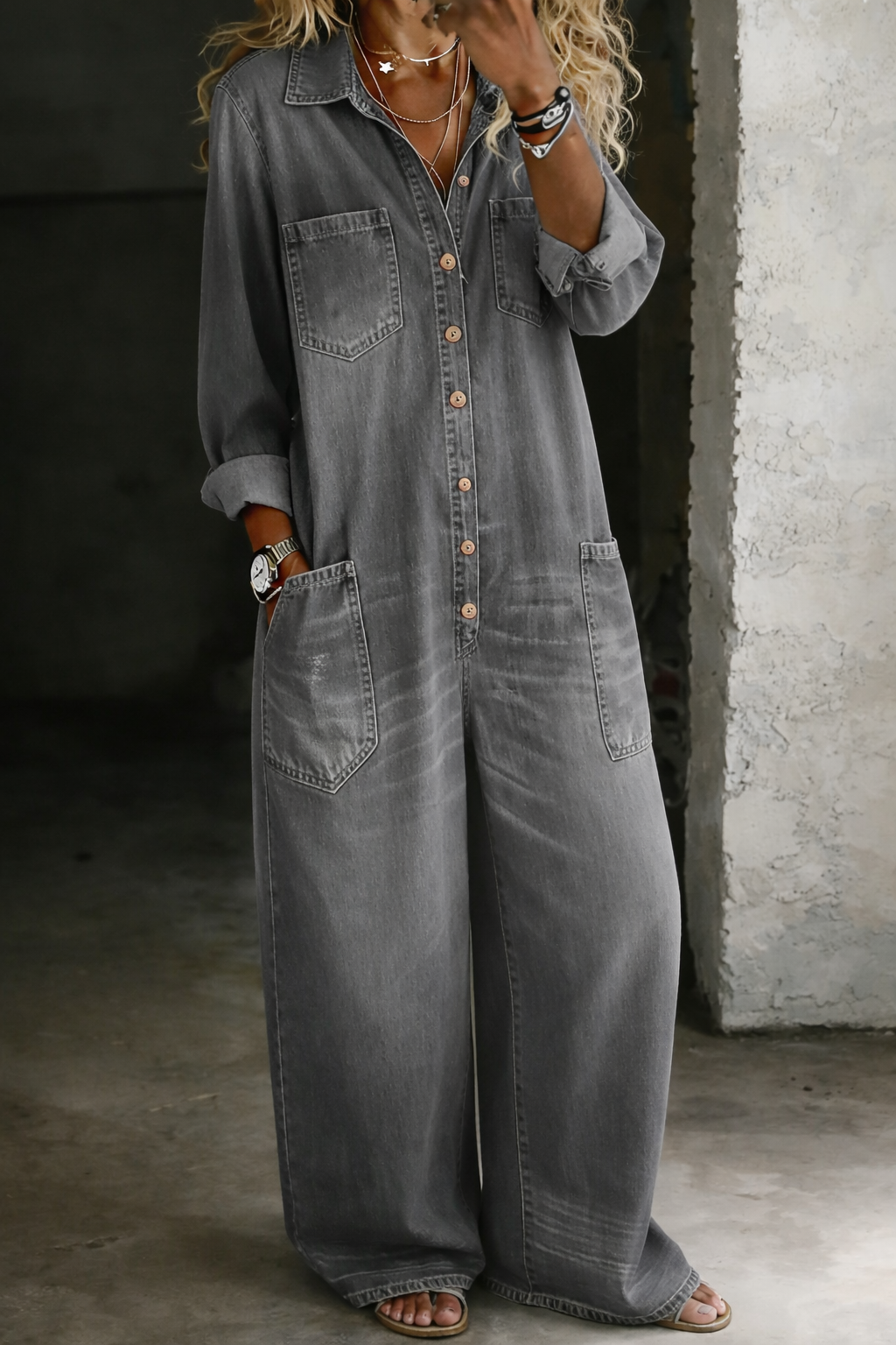 Combinaison Femme Denim Boutonnée Coupe Ample Décontractée