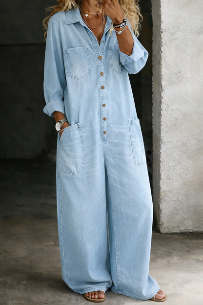 Combinaison Femme Denim Boutonnée Coupe Ample Décontractée