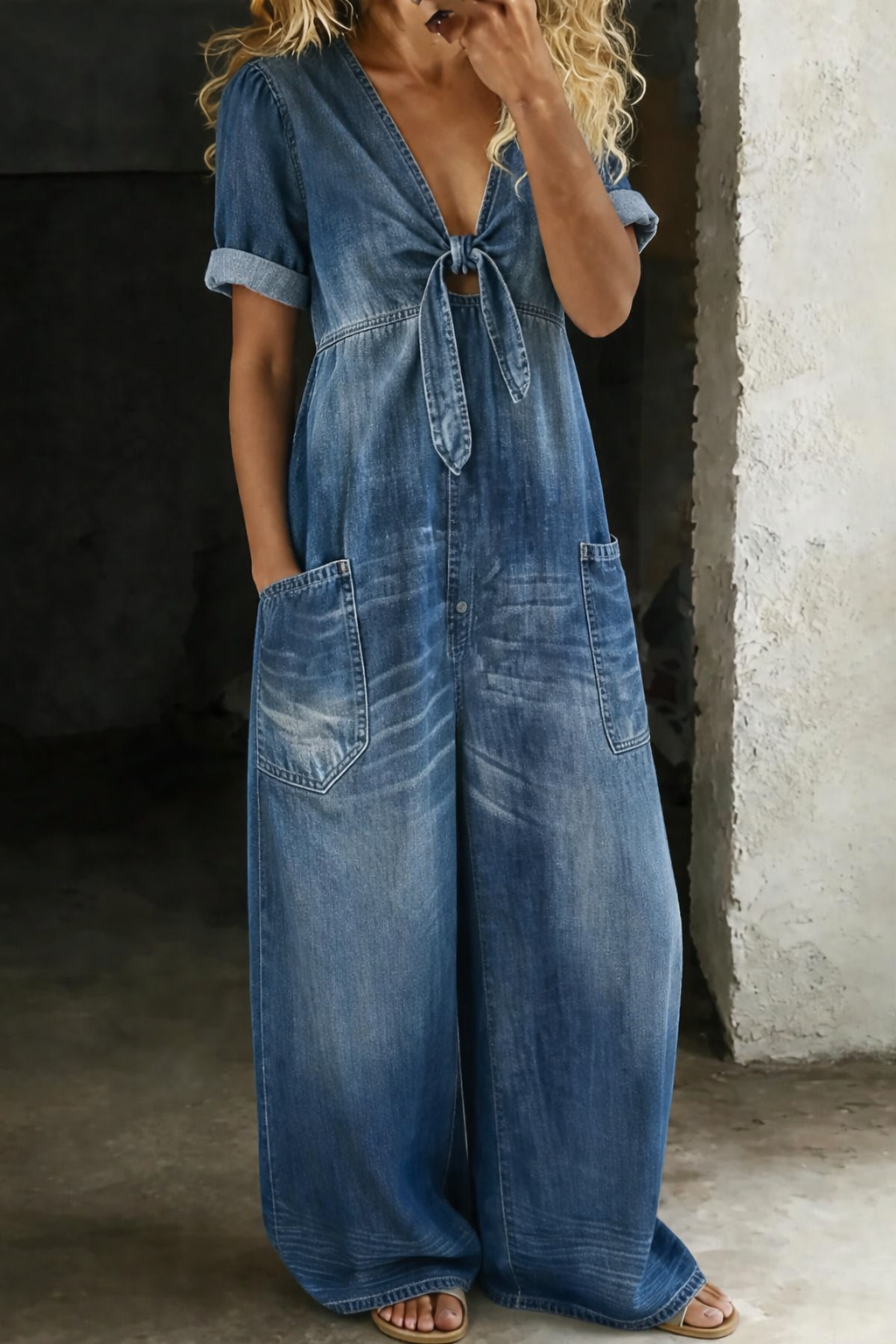 Combinaison Femme Denim Souple Décolleté en V Jambes Larges - PanierRoyale