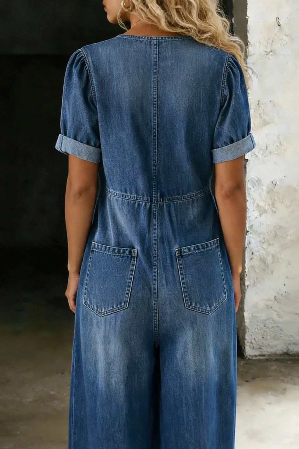 Combinaison Femme Denim Souple Décolleté en V Jambes Larges