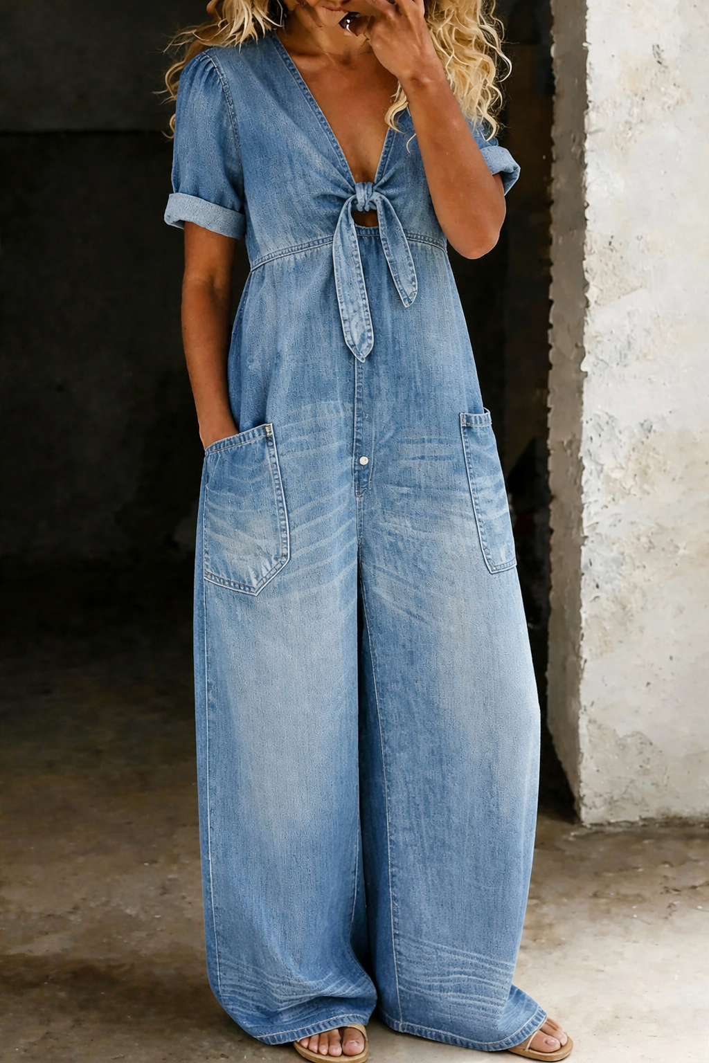 Combinaison Femme Denim Souple Décolleté en V Jambes Larges