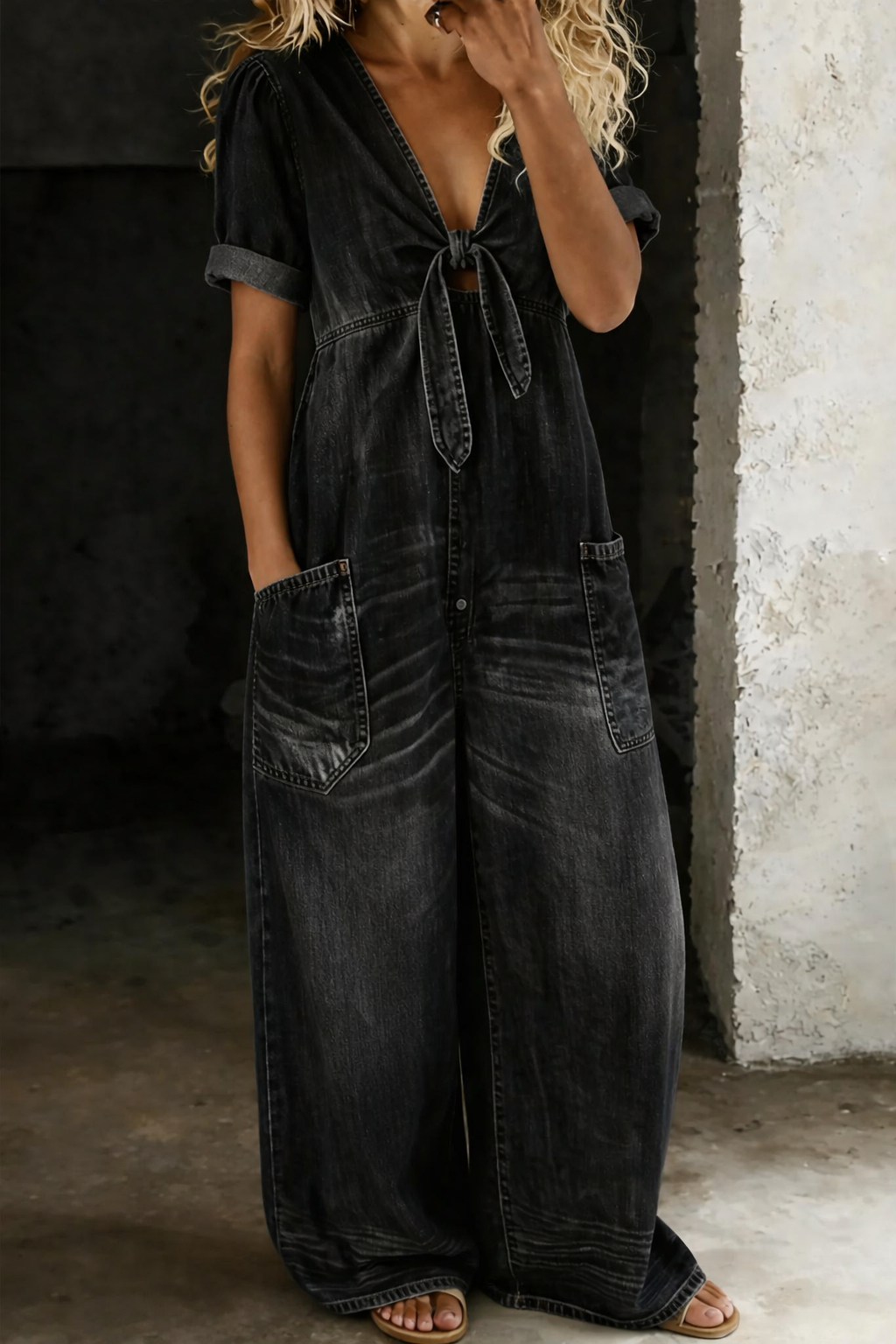 Combinaison Femme Denim Souple Décolleté en V Jambes Larges