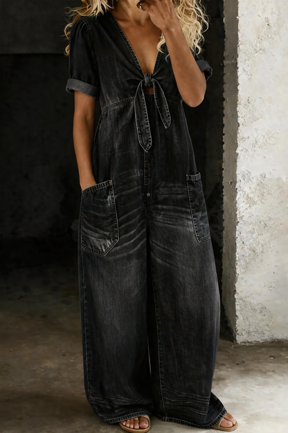 Combinaison Femme Denim Souple Décolleté en V Jambes Larges