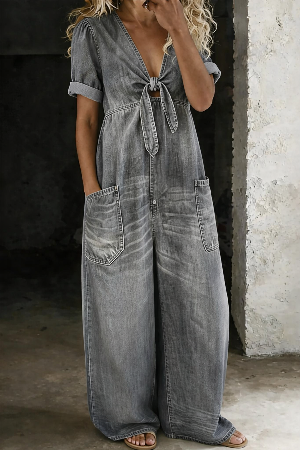 Combinaison Femme Denim Souple Décolleté en V Jambes Larges