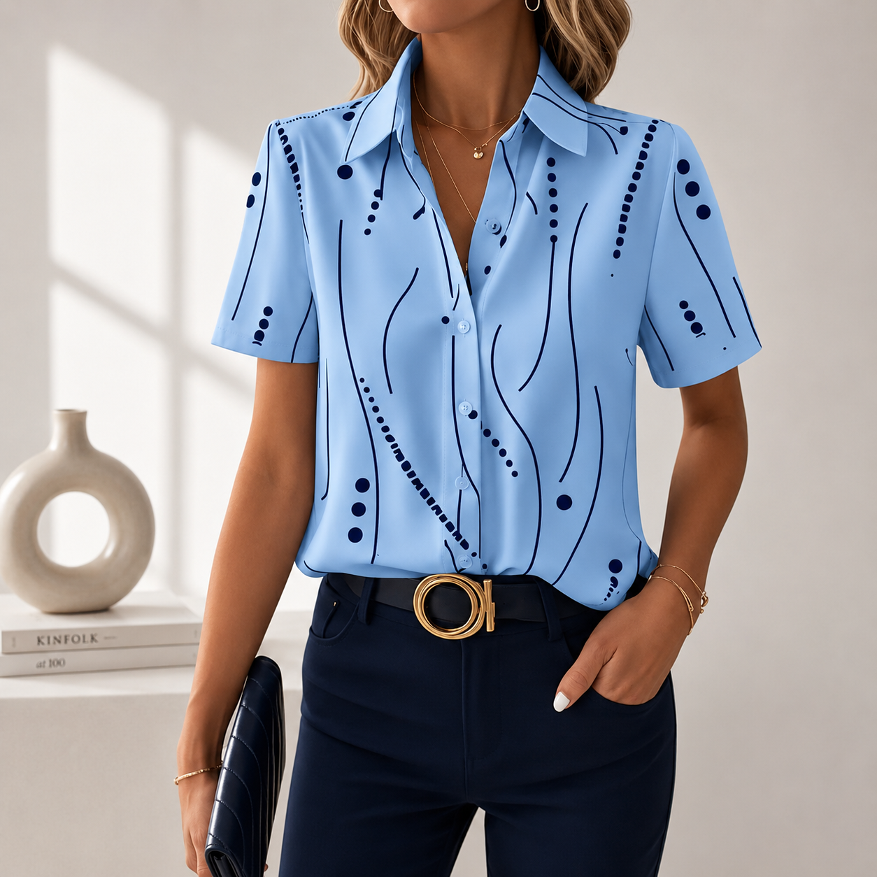 Blouse Femme Col Chemise Imprimé Abstrait Coupe Ajustée