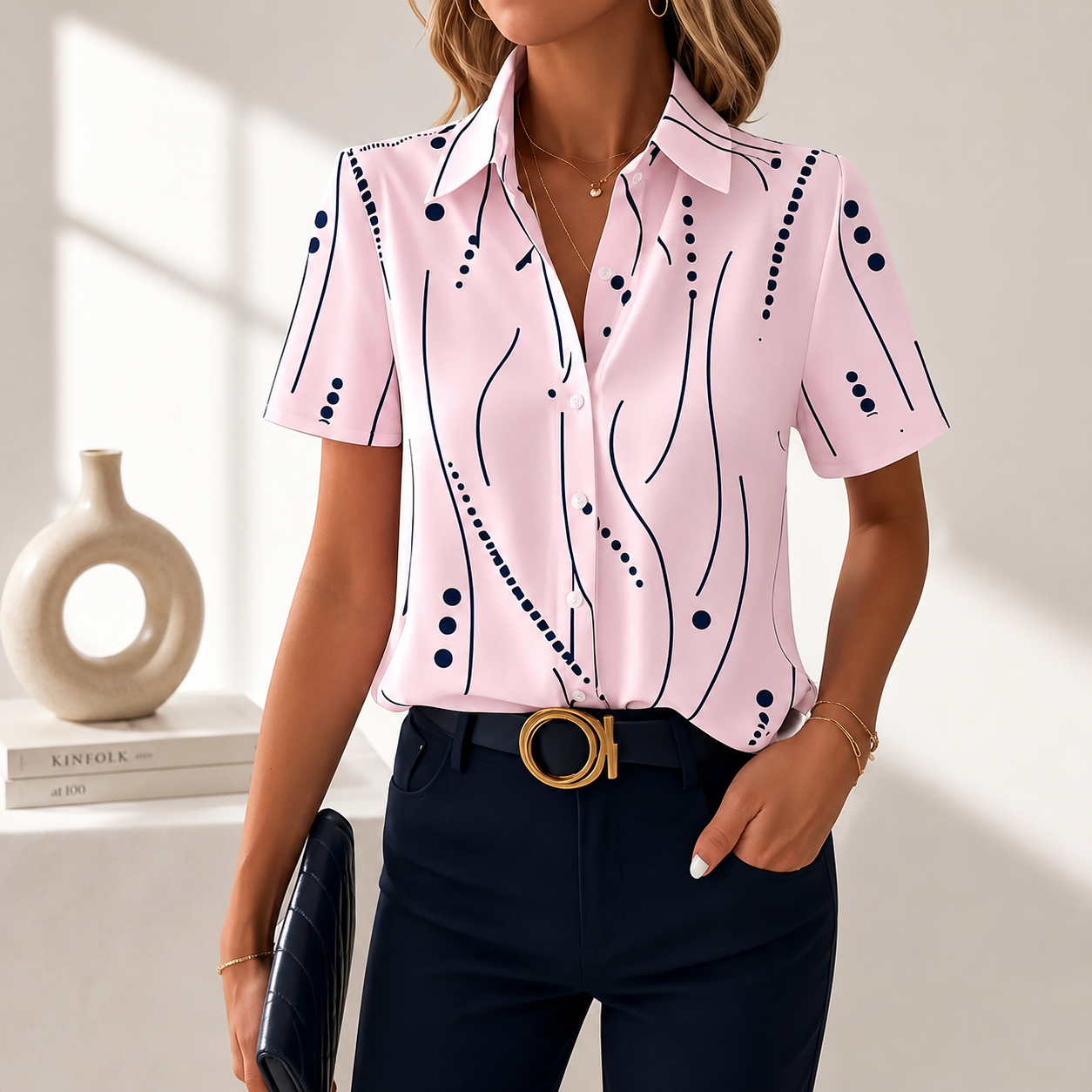 Blouse Femme Col Chemise Imprimé Abstrait Coupe Ajustée