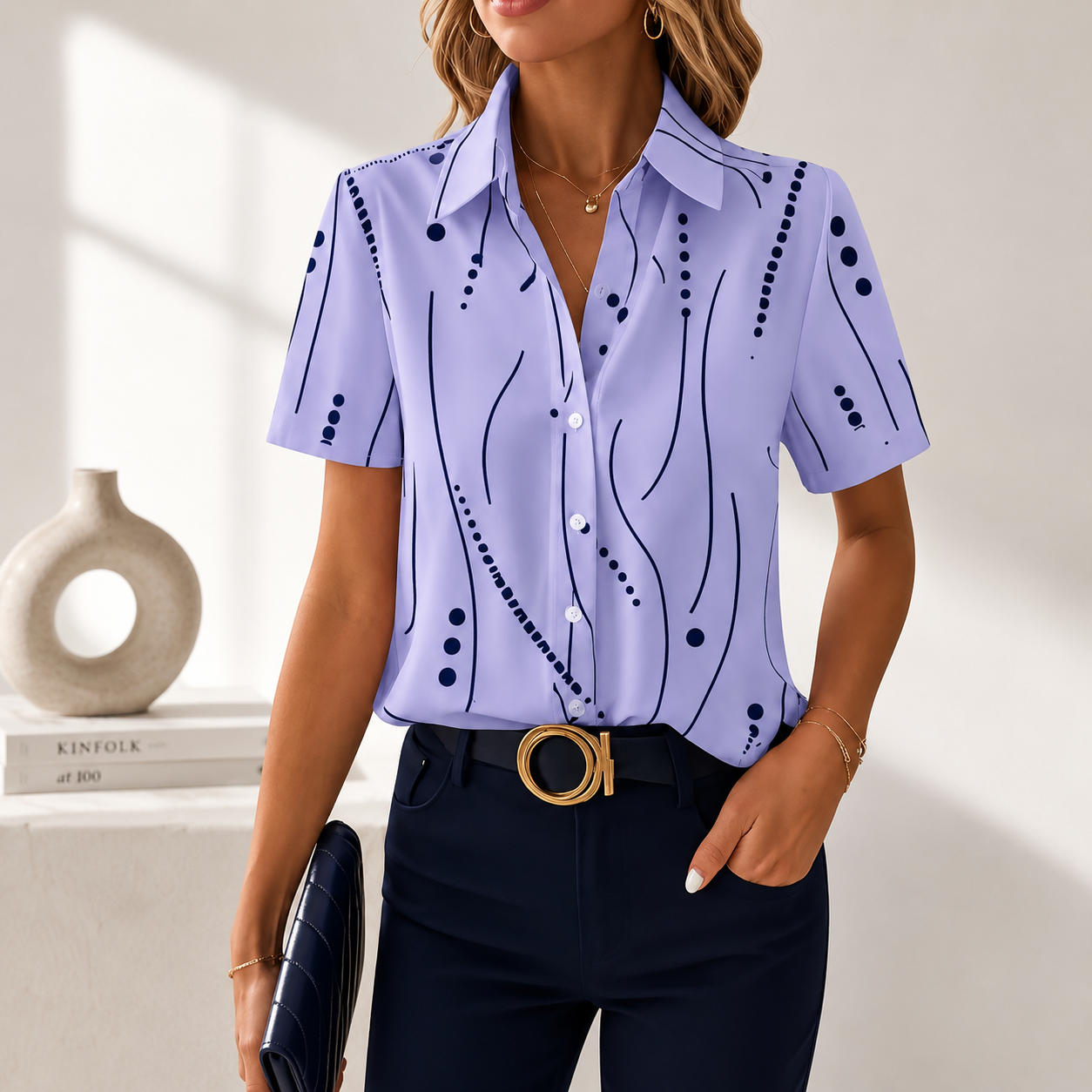 Blouse Femme Col Chemise Imprimé Abstrait Coupe Ajustée