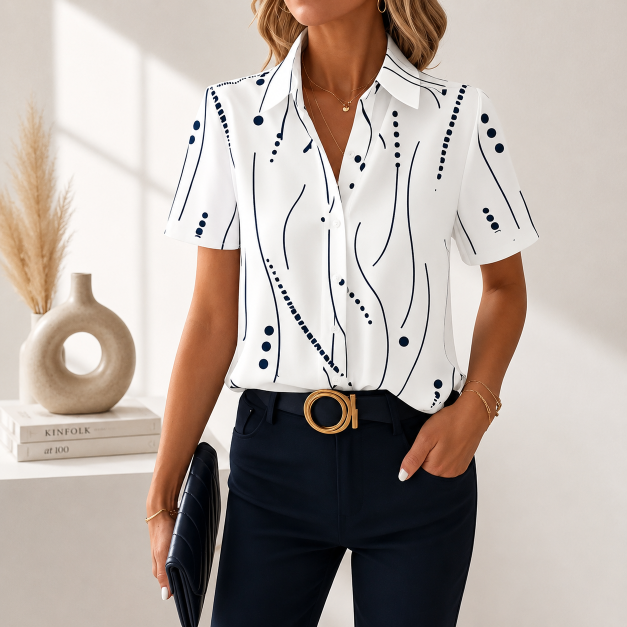 Blouse Femme Col Chemise Imprimé Abstrait Coupe Ajustée