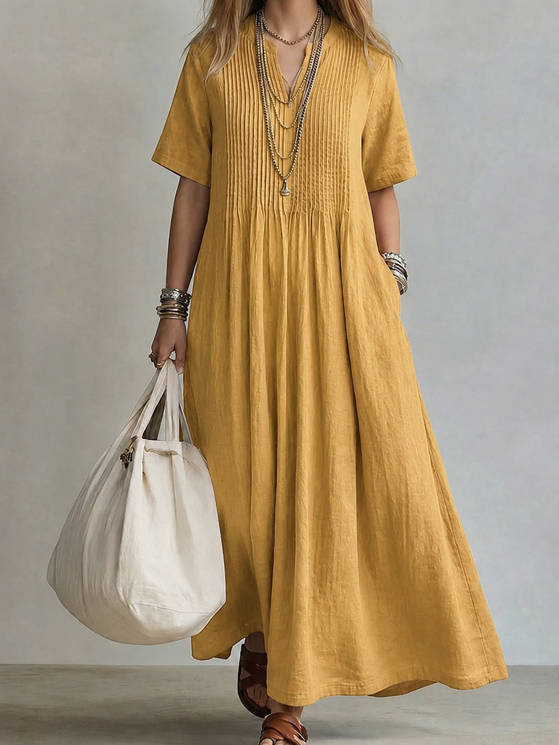 Robe Maxi Femme Coton Lin Fluide Plis Drapés