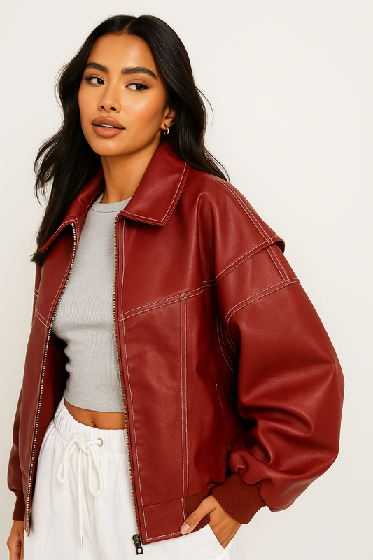 Veste Cuir Rouge Élégante pour Femme - Blouson Oversize Confortable - PanierRoyale
