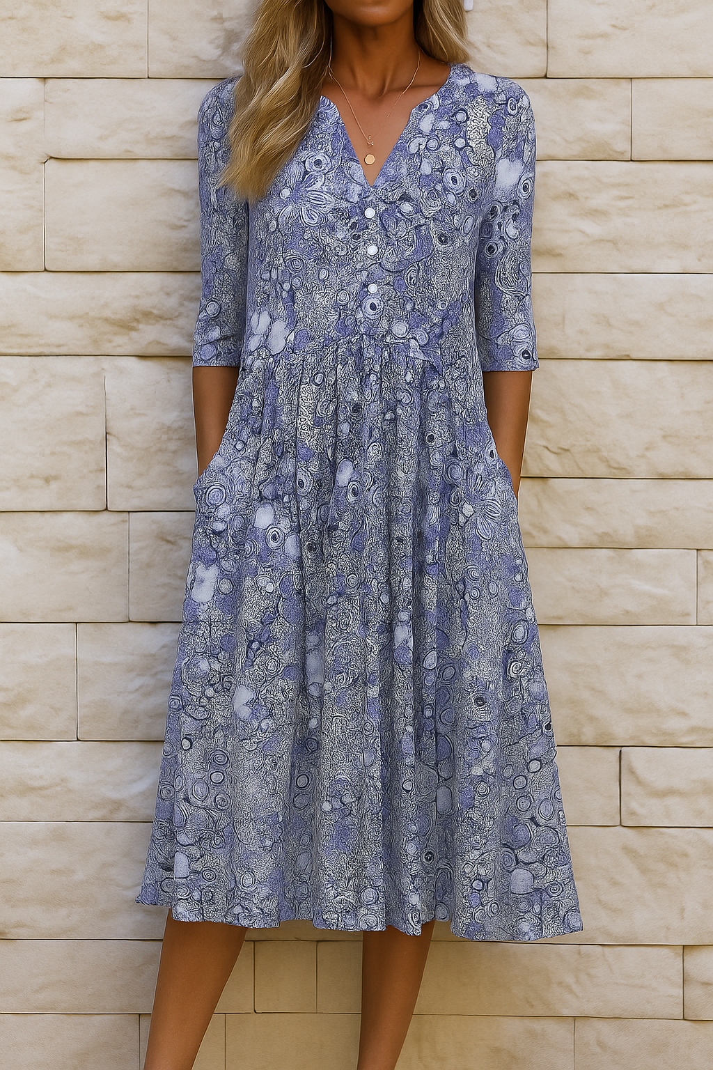 Robe midi Femme Col en V Manches trois-quarts Imprimée