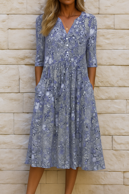 Robe midi Femme Col en V Manches trois-quarts Imprimée