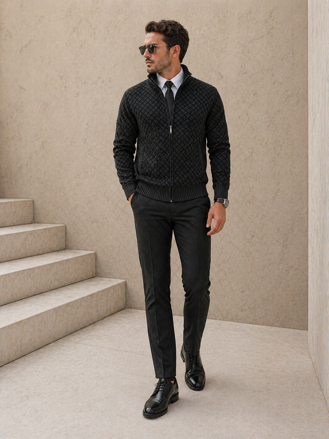 Cardigan Homme Tricot Jacquard Losangé Zippé Col Montant