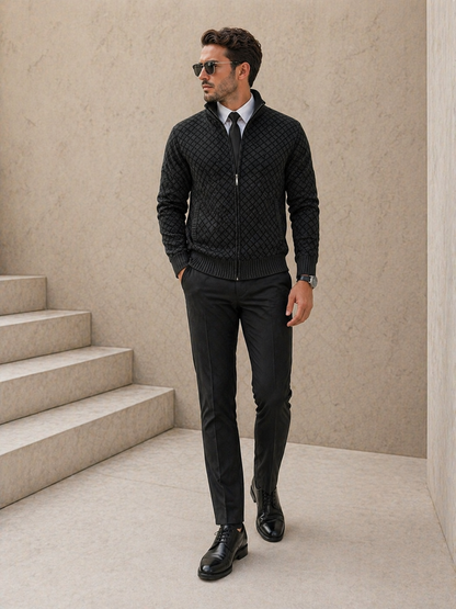 Cardigan Homme Tricot Jacquard Losangé Zippé Col Montant
