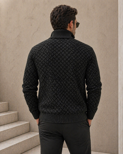 Cardigan Homme Tricot Jacquard Losangé Zippé Col Montant