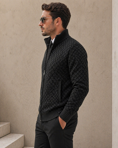 Cardigan Homme Tricot Jacquard Losangé Zippé Col Montant