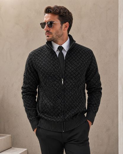 Cardigan Homme Tricot Jacquard Losangé Zippé Col Montant - PanierRoyale