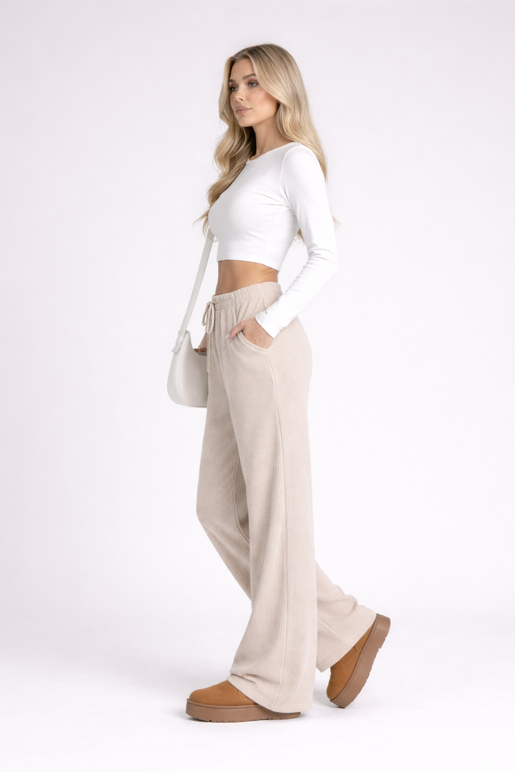 Pantalon Femme Large Taille Élastique Texturé