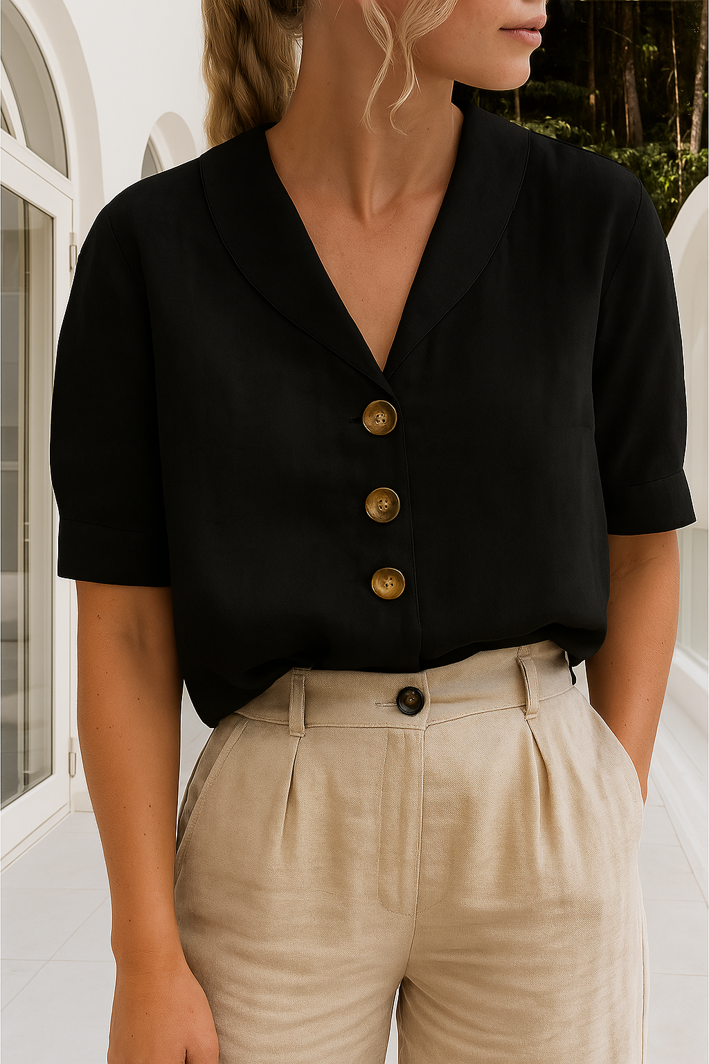 Blouse Femme Manches Courtes avec Boutons Classique
