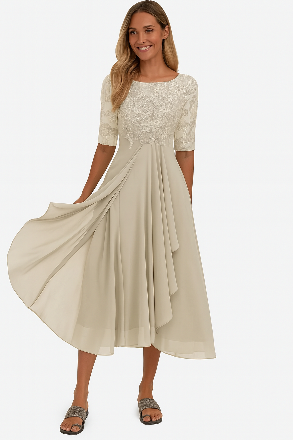Robe Femme Mi-Longue en Dentelle avec Chiffon Élégant - PanierRoyale