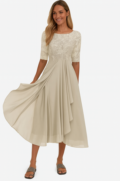 Robe Femme Mi-Longue en Dentelle avec Chiffon Élégant - PanierRoyale