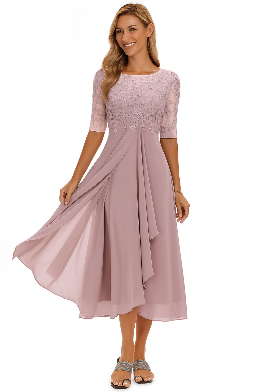 Robe Femme Mi-Longue en Dentelle avec Chiffon Élégant