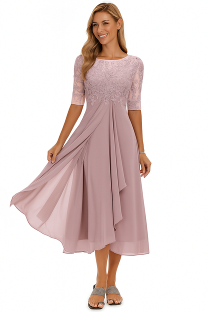Robe Femme Mi-Longue en Dentelle avec Chiffon Élégant