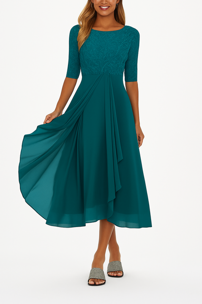 Robe Femme Mi-Longue en Dentelle avec Chiffon Élégant