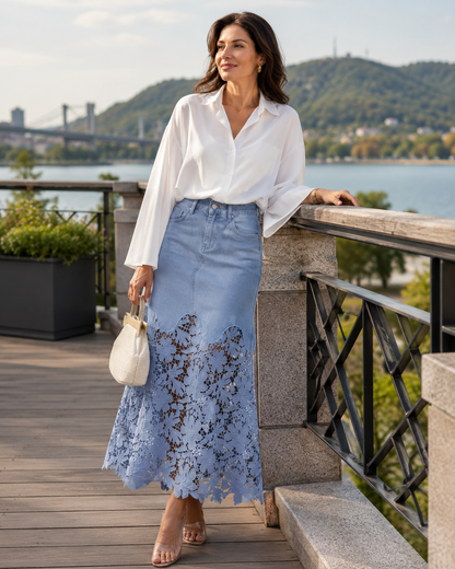 Jupe longue Femme en Denim Dentelle Florale Coupe Fluide - PanierRoyale