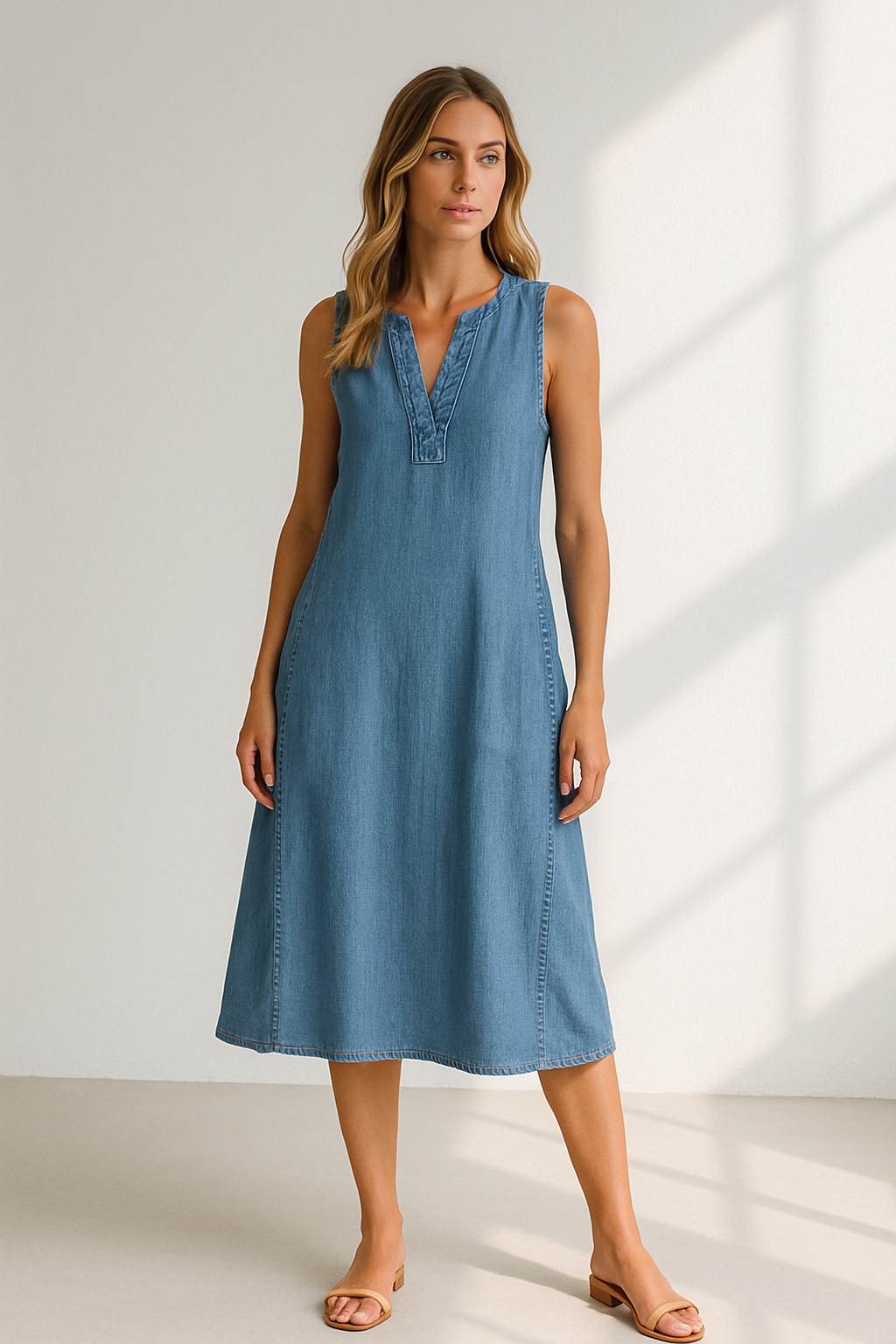 Robe Jeans sans Manches en A-Ligne pour Femme