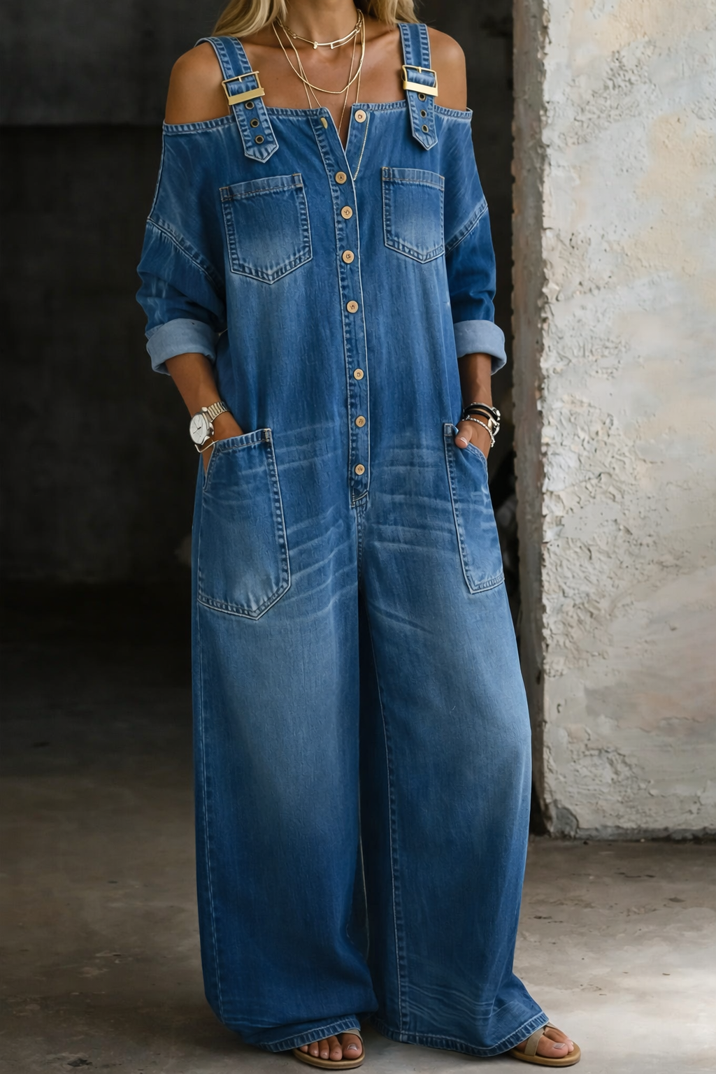 Salopette Femme Denim Coupe Ample Épaules Dégagées - PanierRoyale