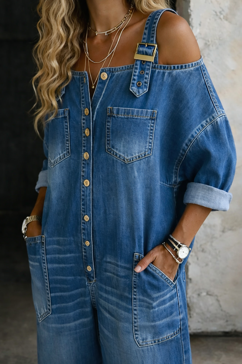 Salopette Femme Denim Coupe Ample Épaules Dégagées