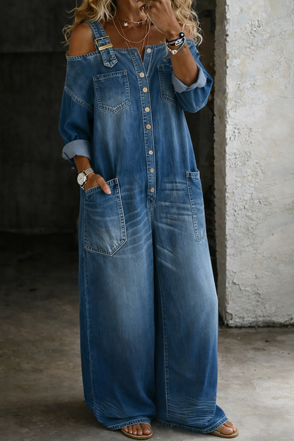 Salopette Femme Denim Coupe Ample Épaules Dégagées