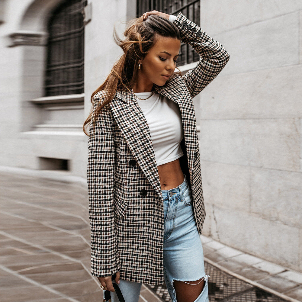Blazer Décontracté À Carreaux Avec Poches Plaquées Pour Femmes | Manches Longues