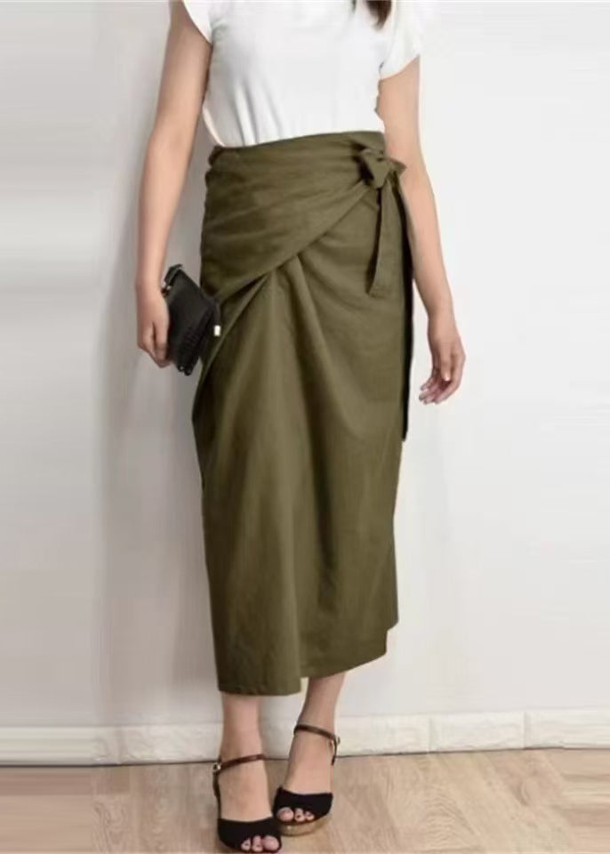 Jupes vert olive en lin asymétriques pour femme - EasyApparels