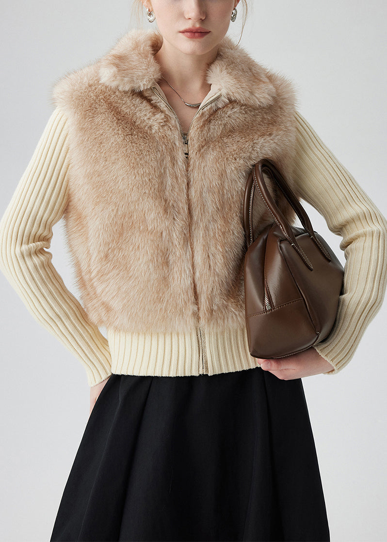 Manteau hiver élégant beige faux fur avec fermeture éclair - EasyApparels
