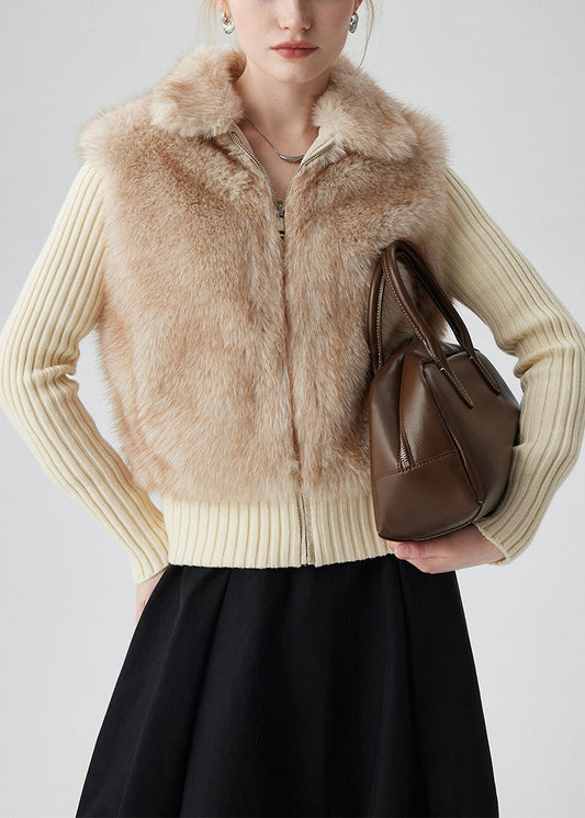 Manteau hiver élégant beige faux fur avec fermeture éclair - EasyApparels